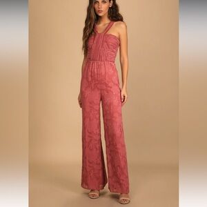 Lulus Lovely Celebration Rose Pink Floral Burnout Chiffon Jumpsuit